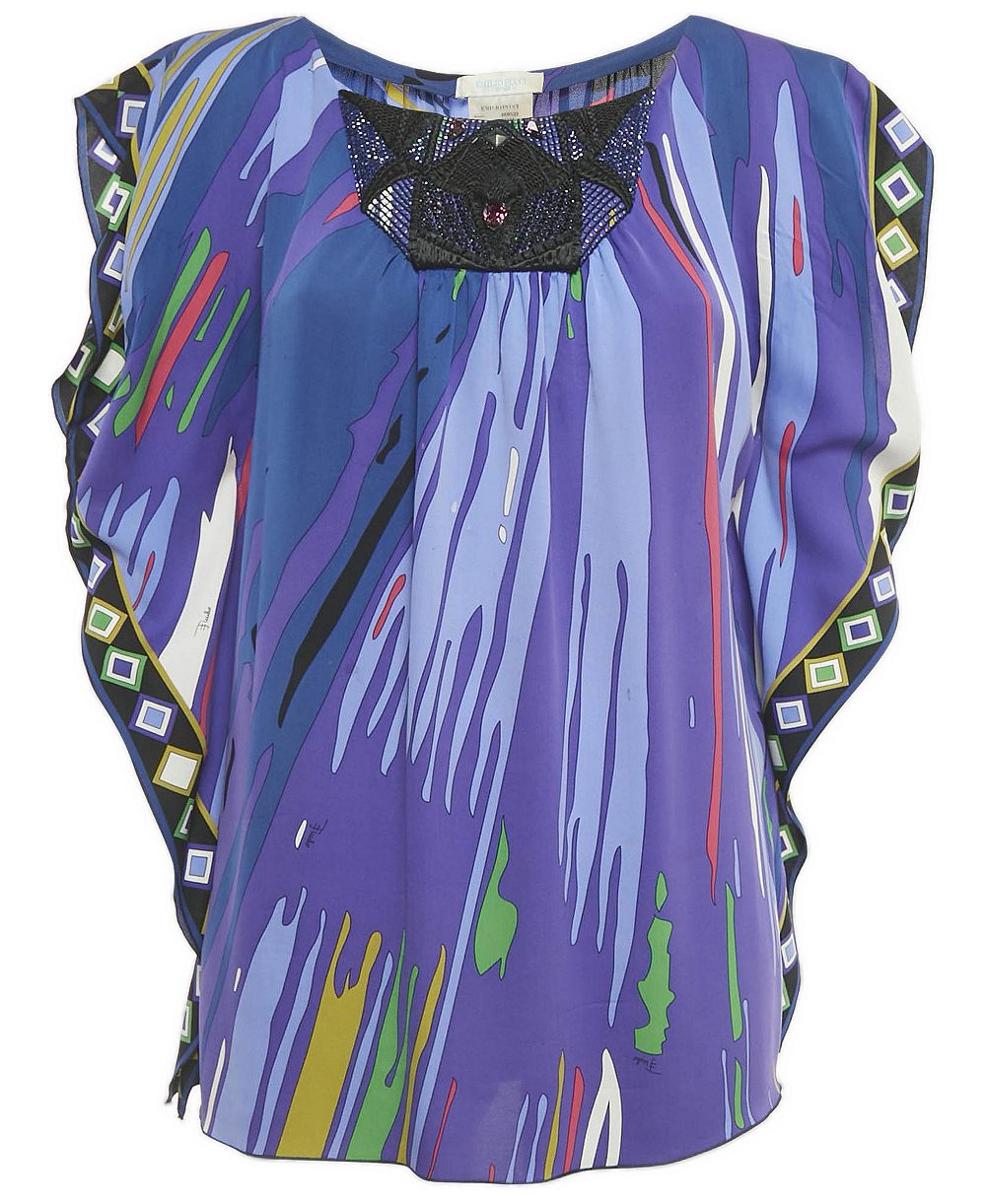 Б/у женский шелковый топ Emilio Pucci с коротким рукавом, круглым вырезом и украшениями