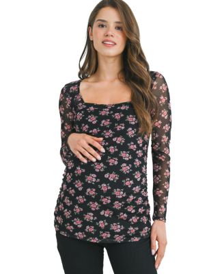 Hello Miz Maternity Square-Neck Floral-Mesh Top