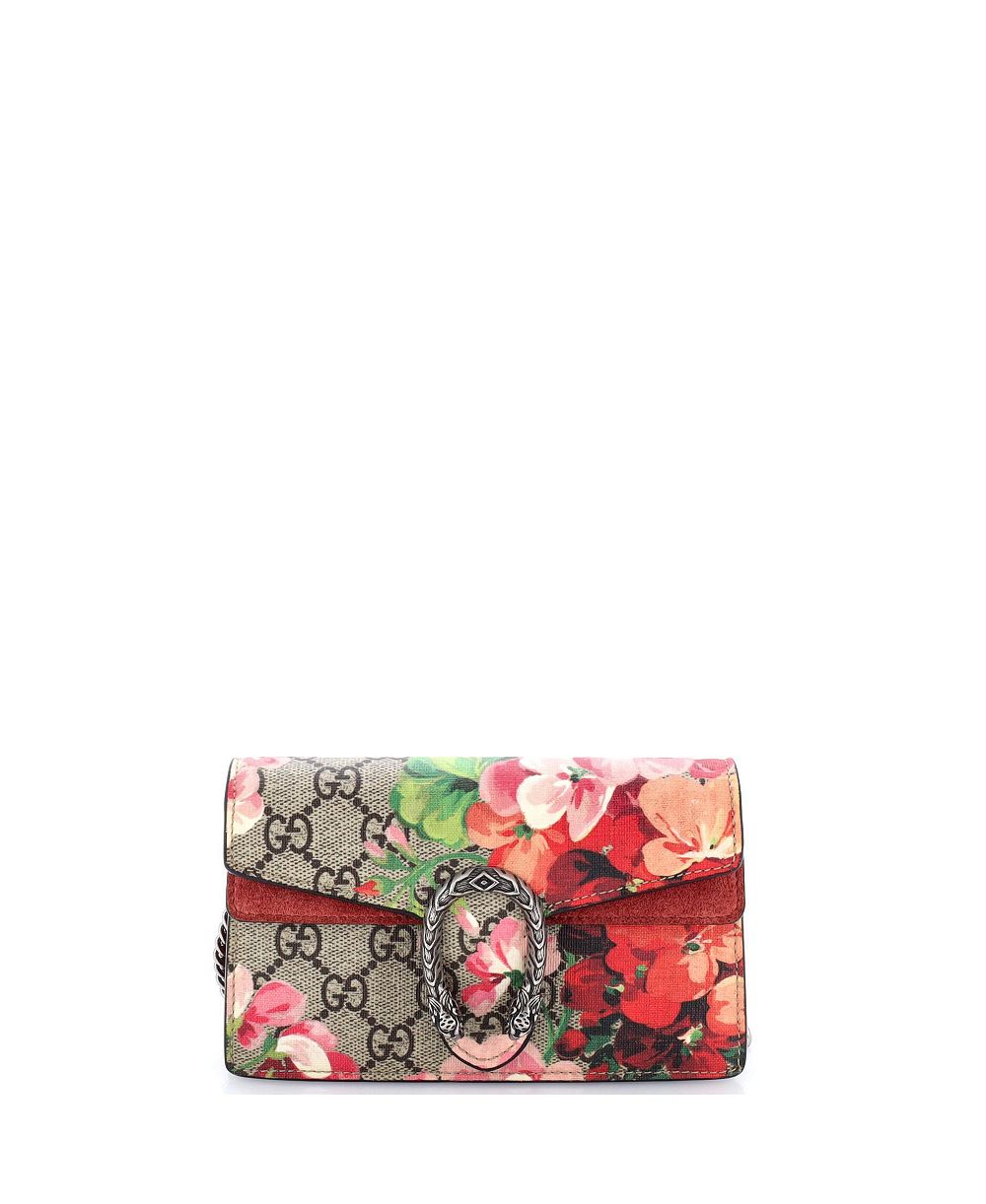 Б/у мини-сумка Gucci Super Mini Dionysus Blooms с принтом GG из лакированной ткани