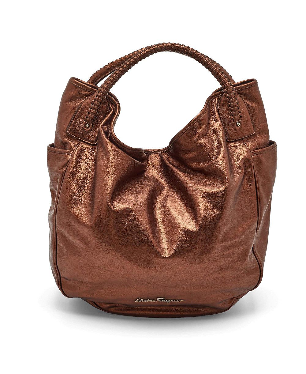 Pre-Owned Salvatore Ferragamo Women's Metallic Bronze Leather Braided Handle Hobo Bag