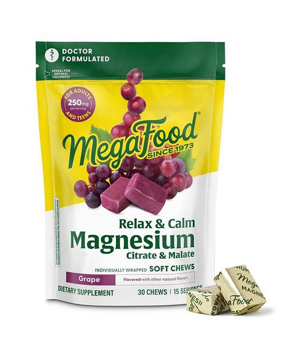 MegaFood добавка магний Relax and Calm с цитратом и малатом магния, 30 жевательных конфет со вкусом винограда