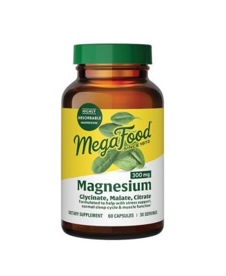 MegaFood Magnesium 300mg, Magnesium Glycinate, Citrate, Malate, Heart, Nerve Health, 60 Capsules