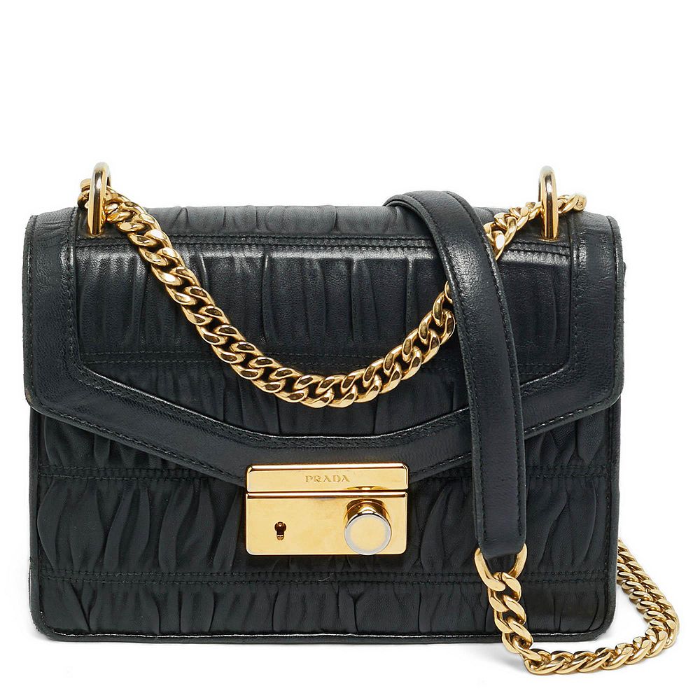 Pre-Owned Prada Gaufre Ruched-Leather Chain Shoulder Bag