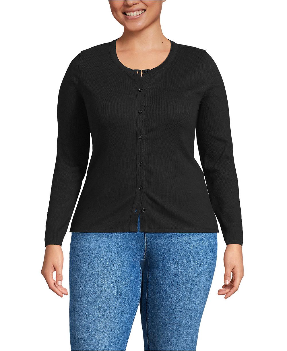 Lands' End Plus Size Long-Sleeve Micro-Rib Button-Through Cardigan