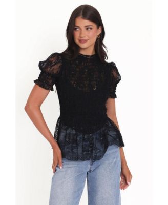 Petal and Pup Women's Adeline Mock-Neck Floral-Lace Peplum Short-Sleeve Top