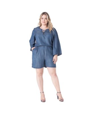 Standards & Practices Plus Size Barbie Bell-Sleeve Lace-Up V-Neck Denim Romper