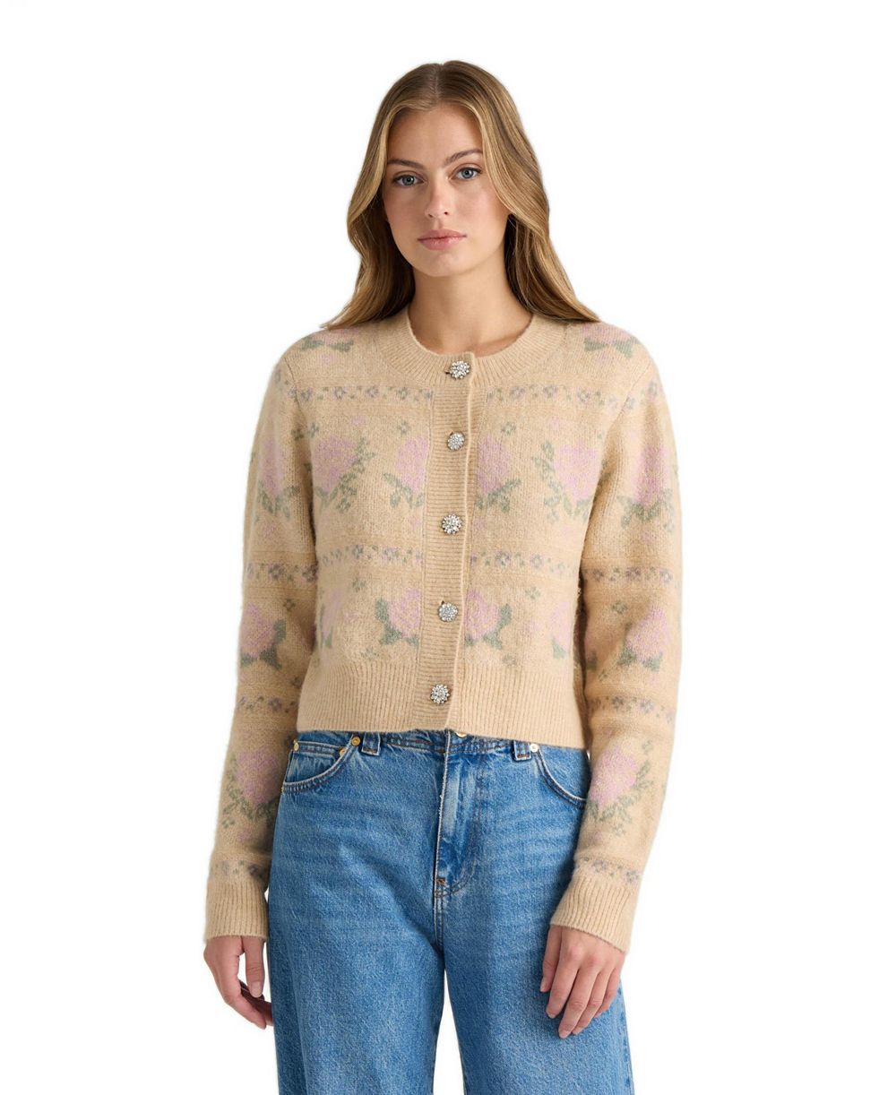NVLT Women's Floral-Print Cropped Crewneck Cardigan
