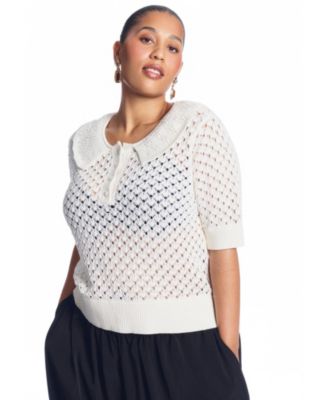 June & Vie Women's Lace-Trim Pointelle Sweater Top