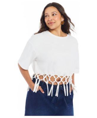 June & Vie Women's Fringe Trim Cropped Crewneck Tee