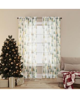 No. 918 Balsam Christmas Tree Metallic Sheer Rod Pocket Curtain Panel Pair