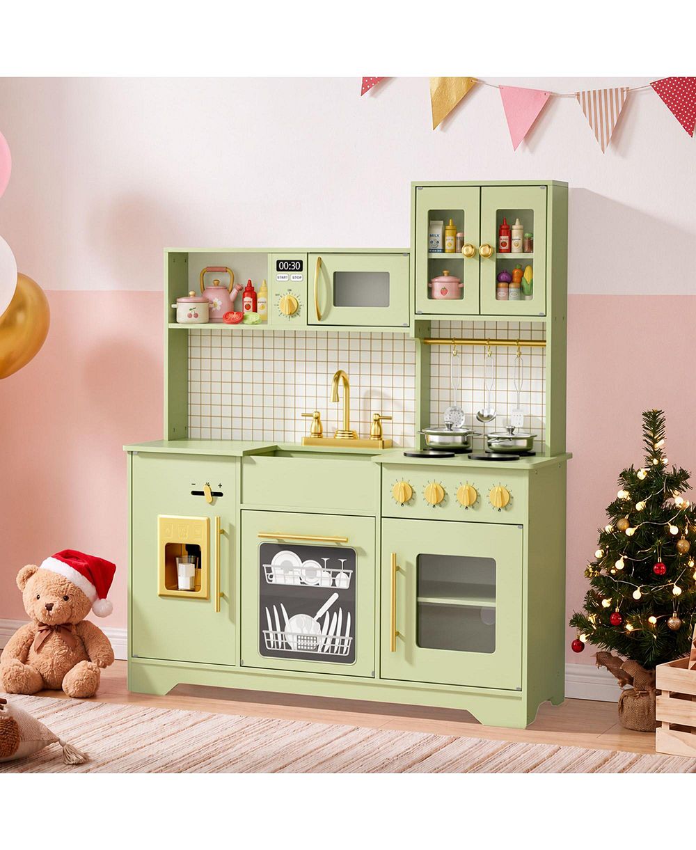 Kinder King Kids Play Kitchen, Wooden Toy Kitchen Playset for Toddler, Pretend Oven, Microwave, Kitchen Sets for Age 3+