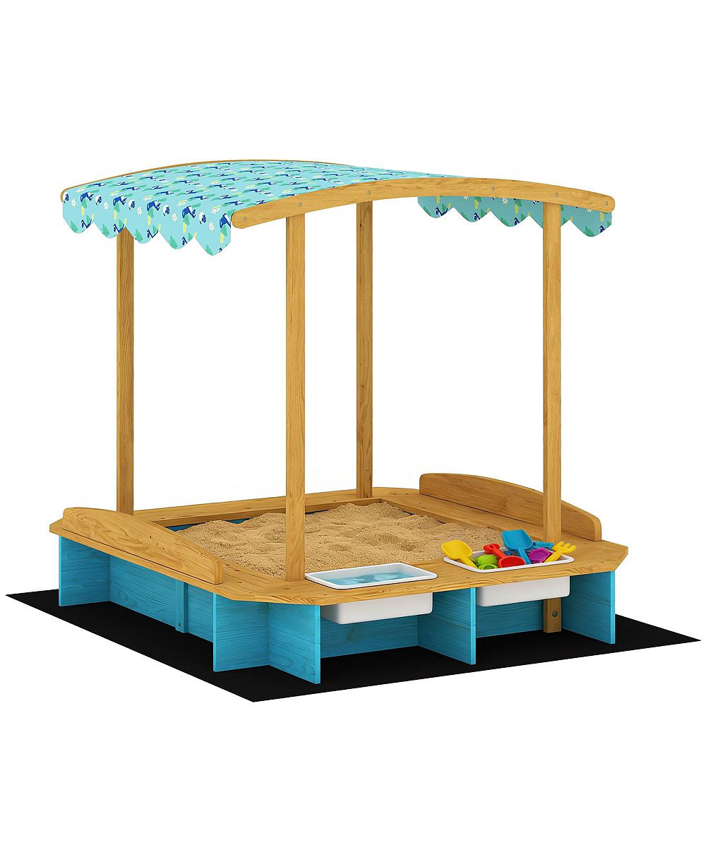 Qaba Wooden Sandbox with Seating for Six & Dinosaur-Print Canopy, Storage, 440 lbs. Capacity, Ages 3-6