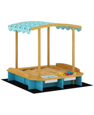 Qaba Wooden Sandbox with Seating for Six & Dinosaur-Print Canopy, Storage, 440 lbs. Capacity, Ages 3-6