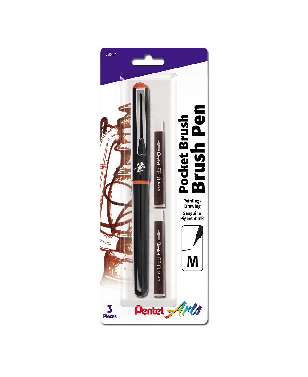 Pentel Arts Pockt кистевая ручка, 1 кистевая ручка + 2 сменных картриджа, пигментные чернила sanguine