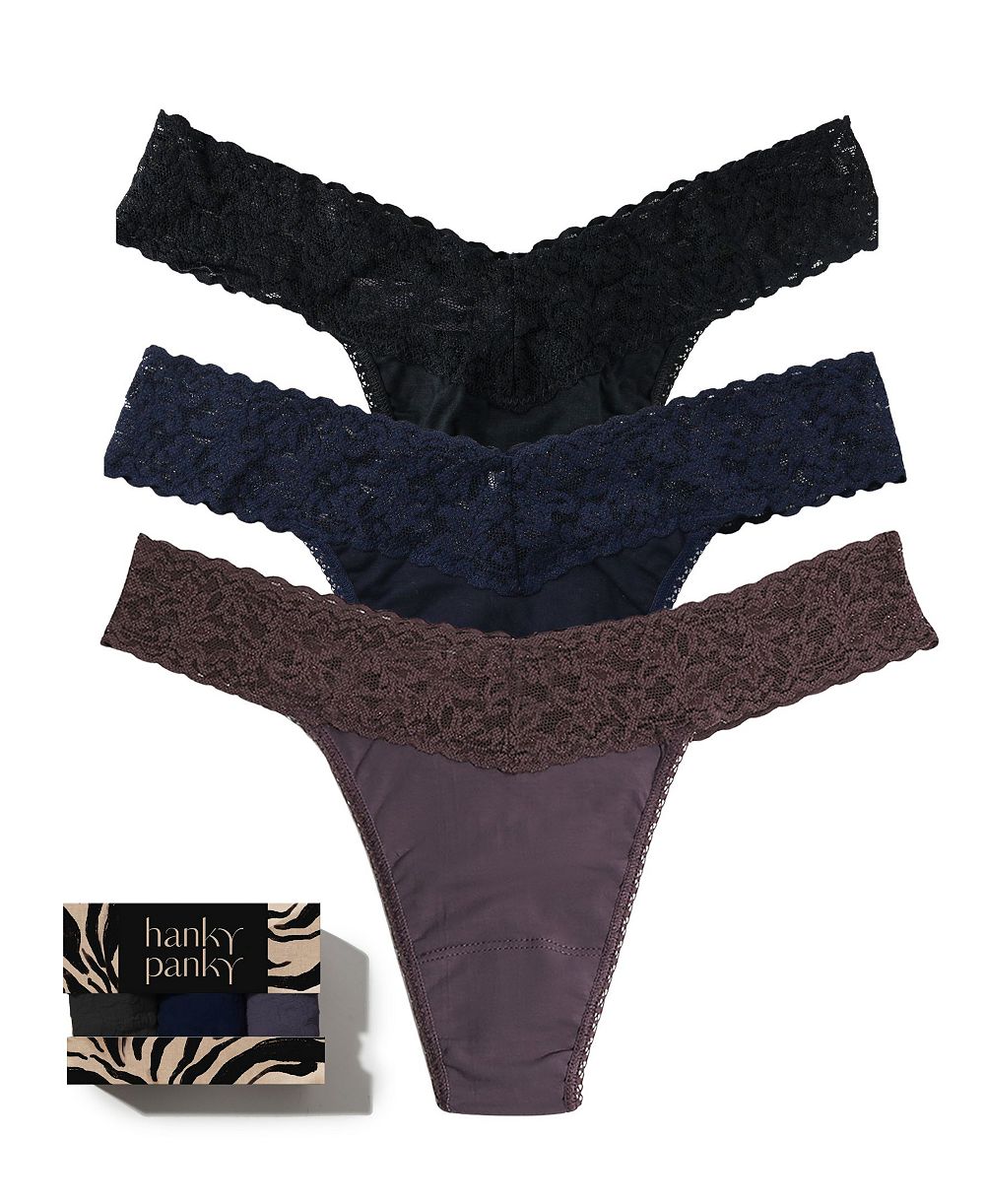 Hanky Panky Supima Cotton-Blend Original Rise Lace-Trim Thong, 3-Pack