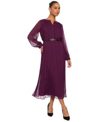 London Times Women's Tea Pleated Chiffon Midi Long-Sleeve Dress