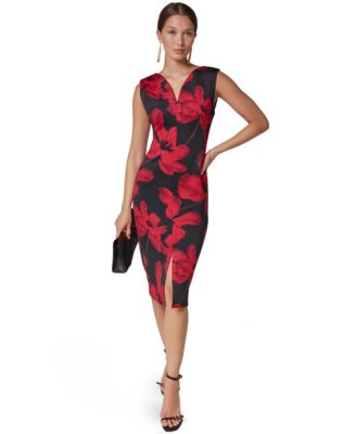 Donna Karan New York Women's Floral-Print V-Neck Sleeveless Sheath Midi Dress