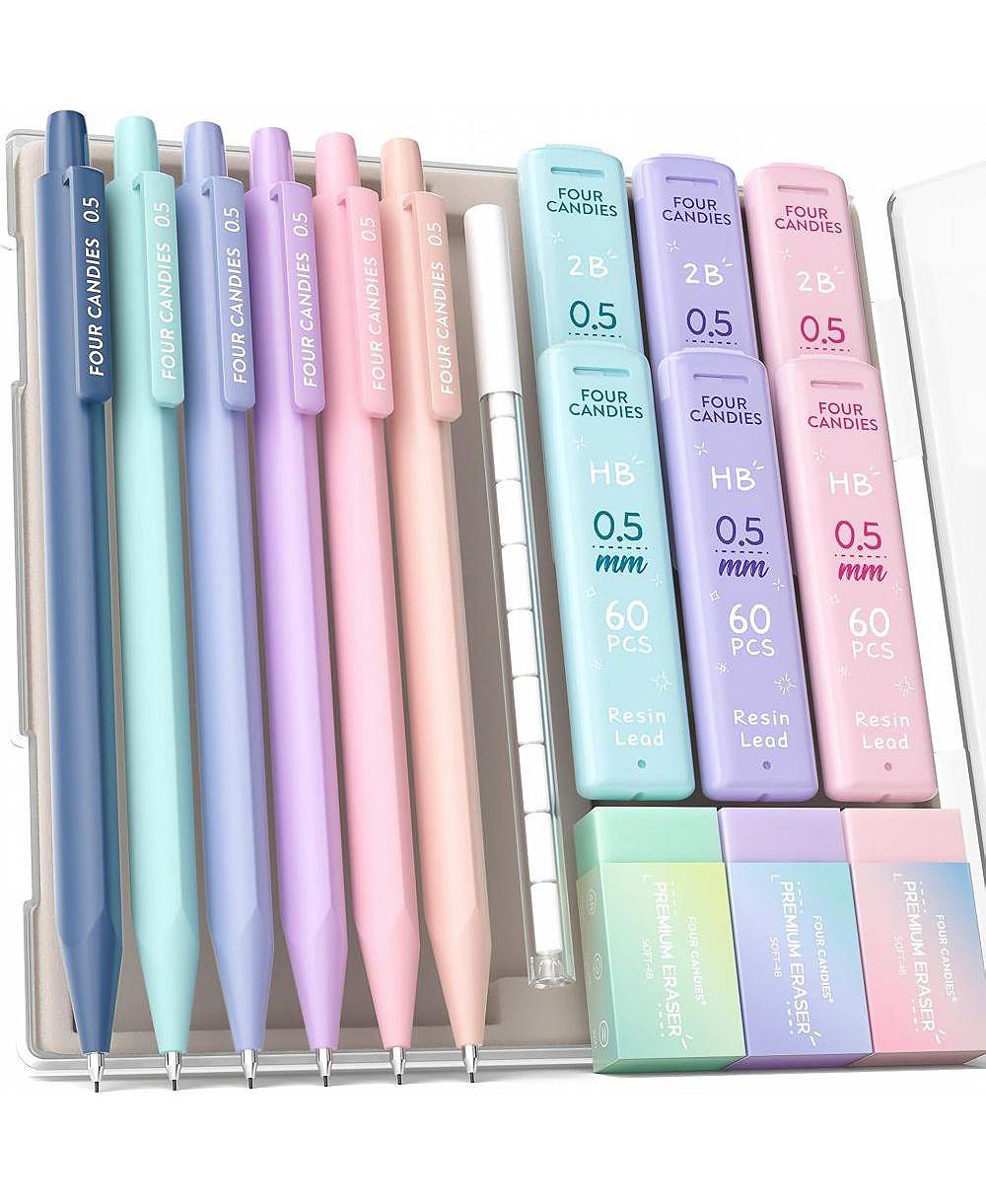 Four Candasy набор механических карандашей милый, 6 штук, 0,5 мм, грифели 360 HB/2B, ластик, футляр для хранения, треугольная ручка