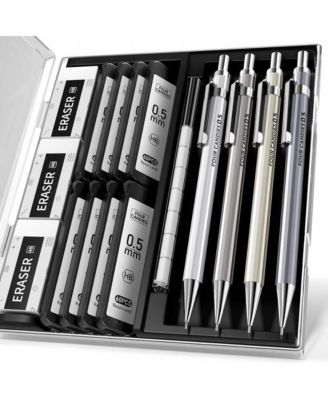 Four Candies 4Pieces Metal Mechanical Pencil Set 0.5mm, 480 Leads 12 Erasers with Case for School Art Drawing