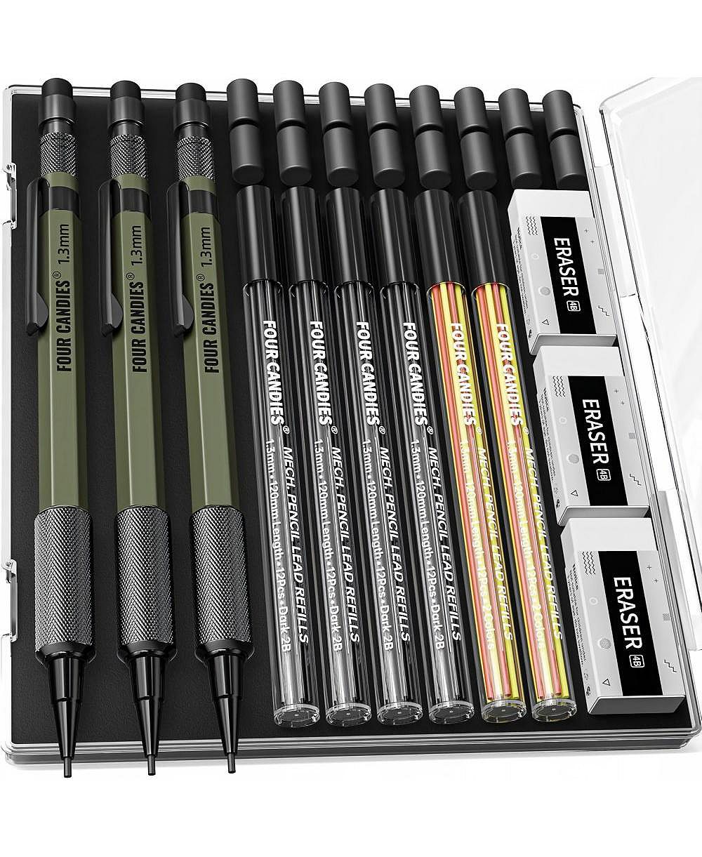 Four Candies 1.3mm Mechanical Pencil Set, 3Pieces Metal Heavy Duty Carpenter Pencil with 72 Lead Refills and Case