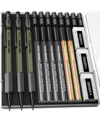 Four Candies 1.3mm Mechanical Pencil Set, 3Pieces Metal Heavy Duty Carpenter Pencil with 72 Lead Refills and Case