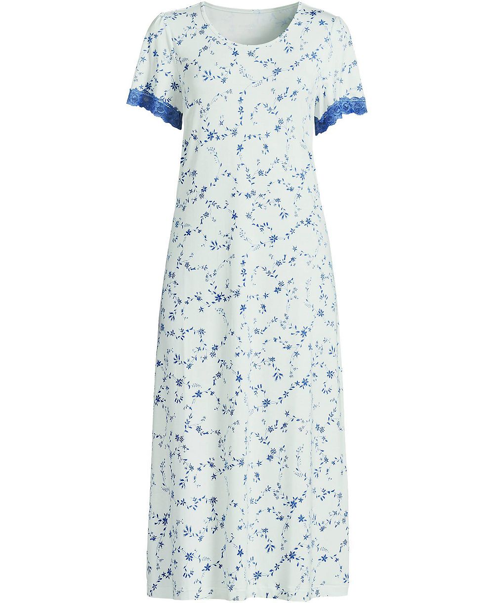 Lands' End Plus Size Cooling Floral Mid-Calf Short-Sleeve Scoop Neck Nightgown