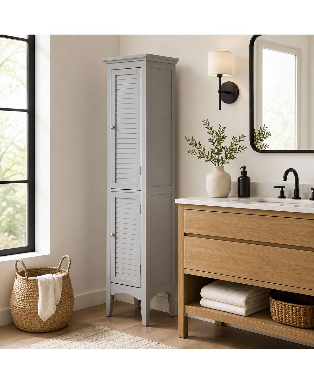 Teamson Home Freestanding Linen Tower with Two Faux Louvered Doors, Gray, 63in