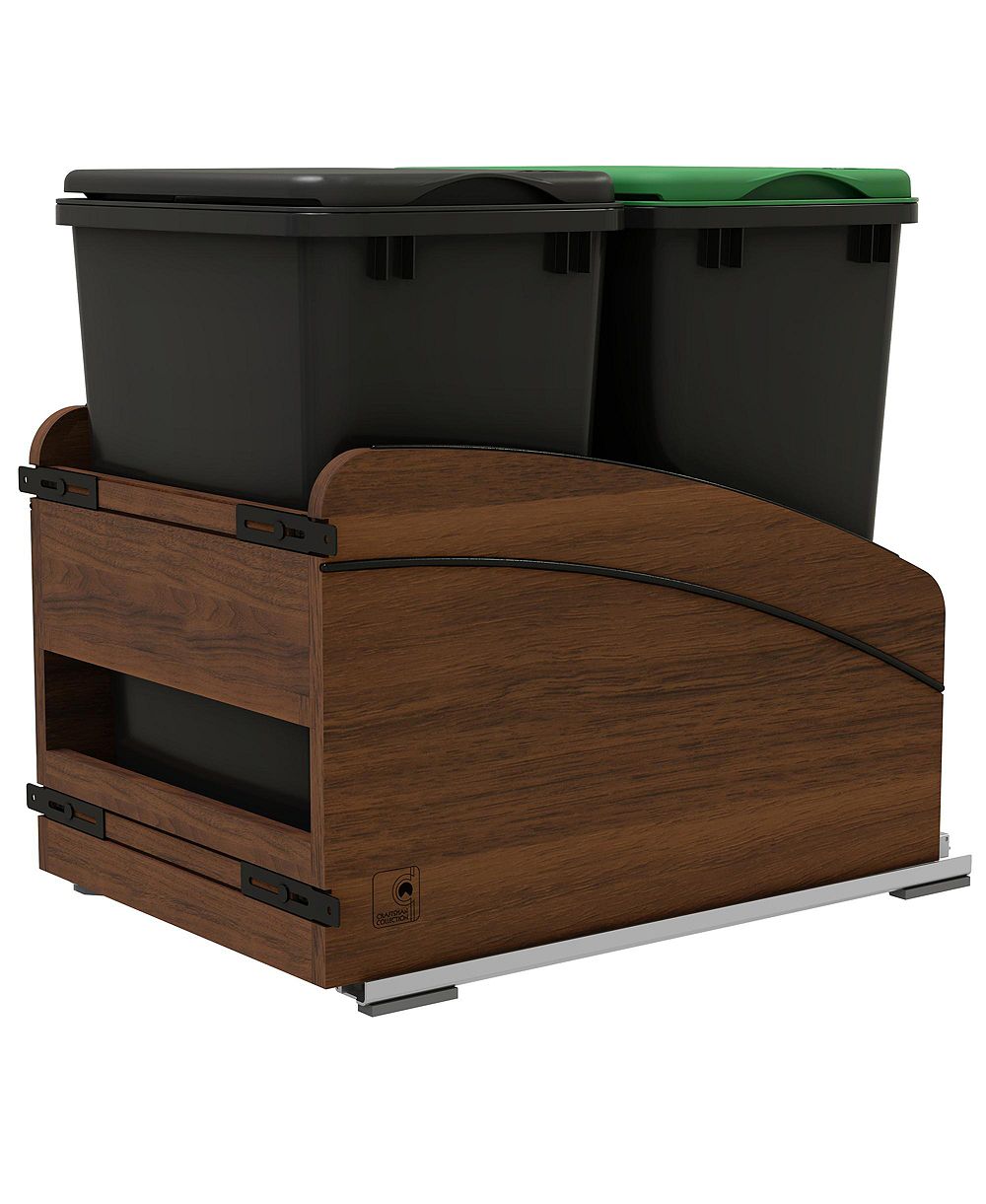 Rev-A-Shelf Walnut Double Pullout Waste Container, Soft-Close, 35 qt, Black