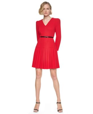 DKNY Women's Long-Sleeve V-Neck Pleated Dress