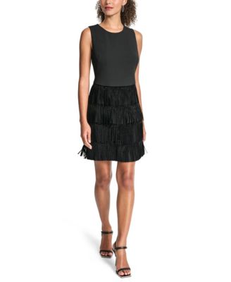 DKNY Women's Tiered-Fringe Sleeveless Crewneck Shift Dress