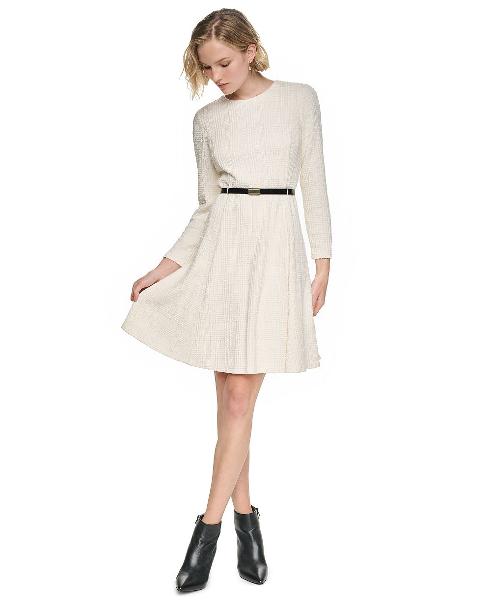 Платье DKNY с длинным рукавом и расклешенной юбкой, женское, с вырезом-жемчужина