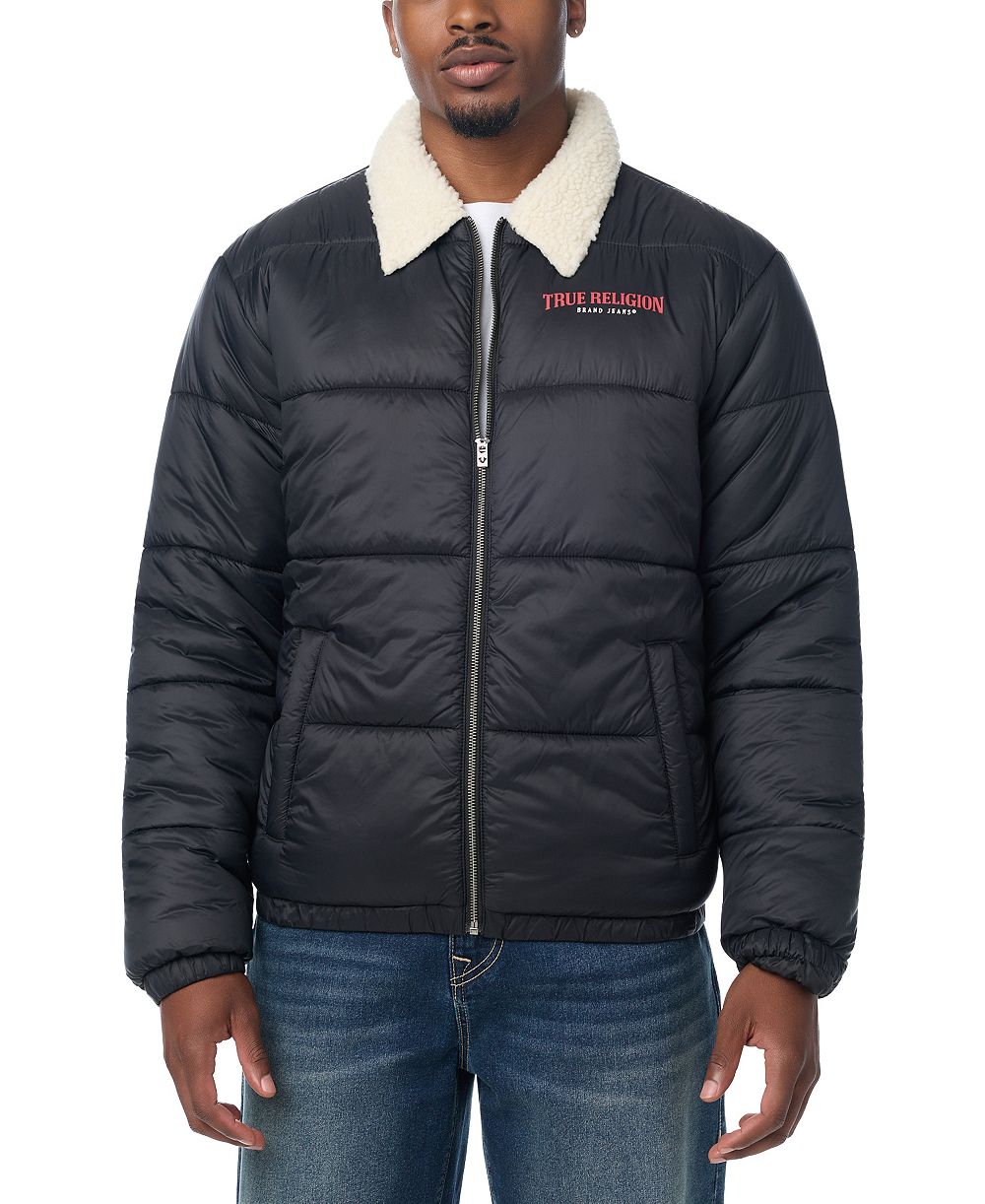 True Religion Men's Sherpa Collar Short Regular-Fit Puffer Jacket
