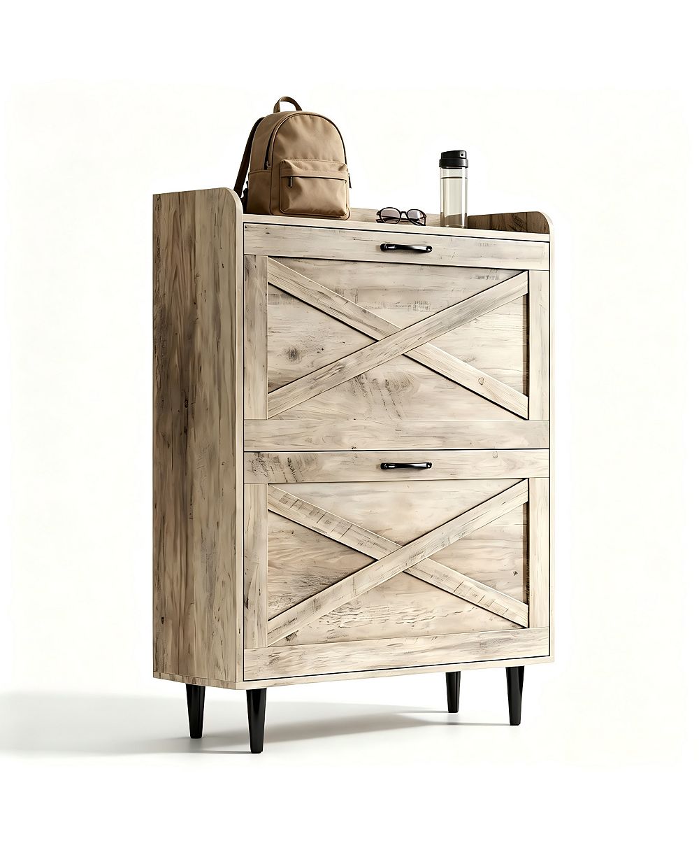 Slickblue 2-Drawer MDF Shoe Cabinet with Top-Mounted Barn Doors for Entryway