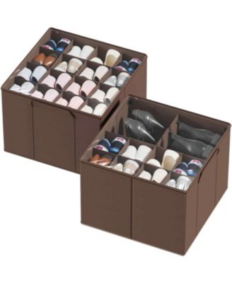 SpaceAid 2 Pack Shoe Storage Organizer for closet, a set of 2 foldable shoe storage containers with adjustable dividers,Brown