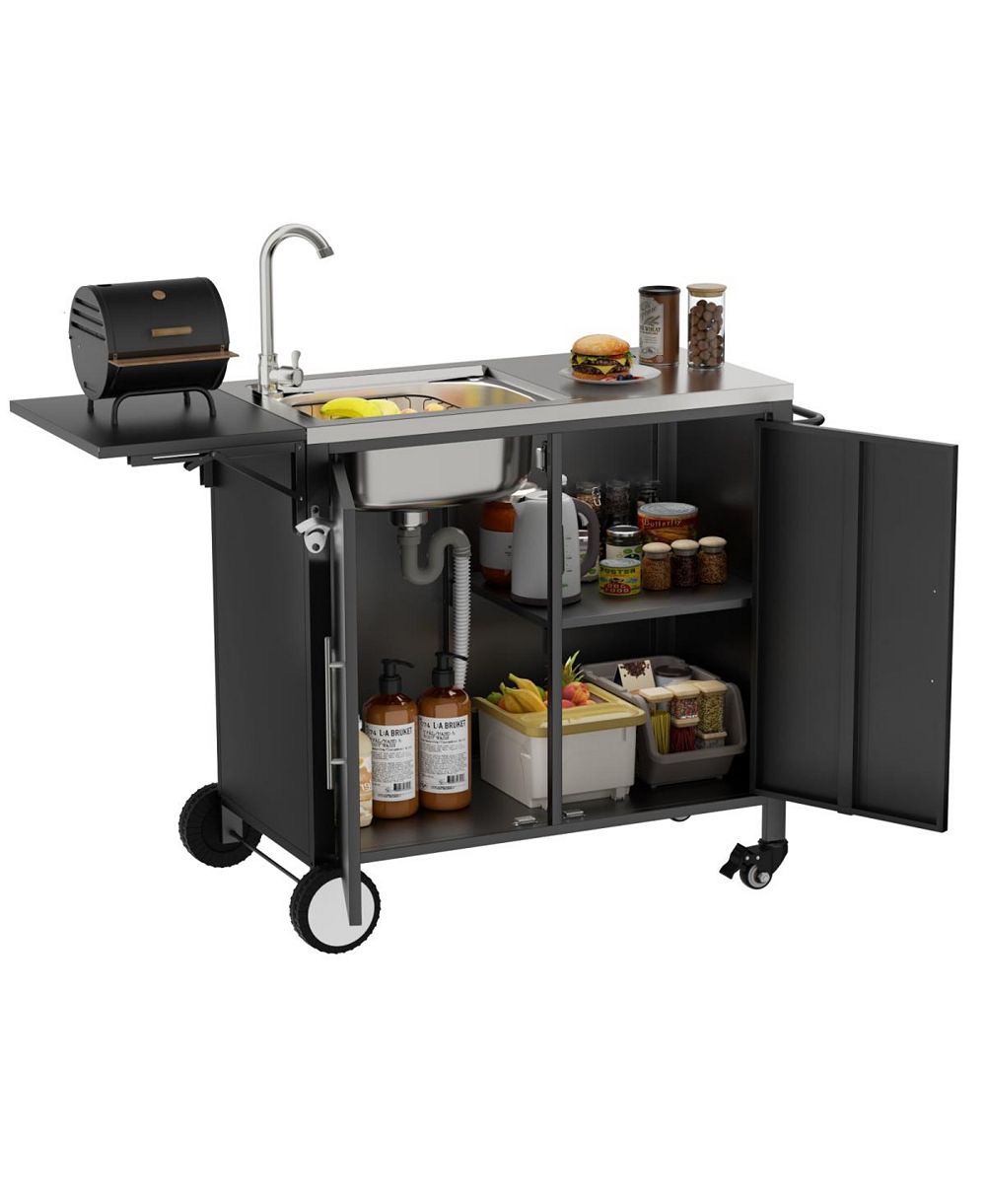 Streamdale Furniture Outdoor Grill Table with Sink, Metal Worktable Island with Storage Cabinet
