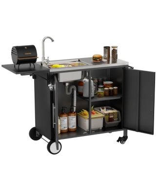 Streamdale Furniture Outdoor Grill Table with Sink, Metal Worktable Island with Storage Cabinet