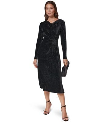 Donna Karan New York Women's Cowl-Neck Long-Sleeve Velvet A-Line Dress