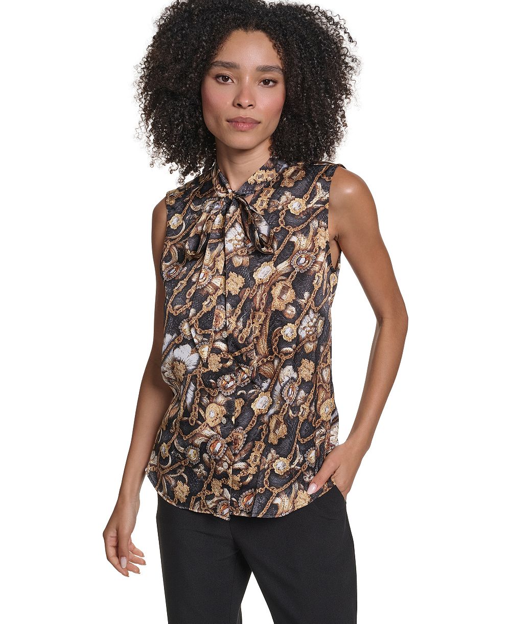 KARL LAGERFELD PARIS Women's Sleeveless Tie-Neck Blouse