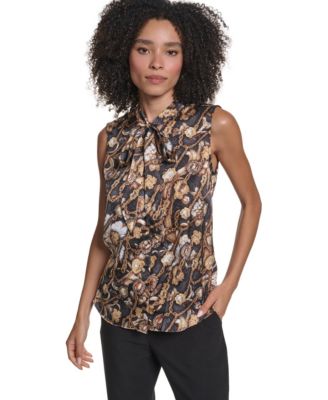 KARL LAGERFELD PARIS Women's Sleeveless Tie-Neck Blouse