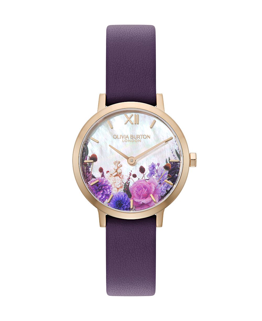 Olivia Burton женские кварцевые аналоговые часы Autumn Floral с фиолетовым кожаным ремешком, 28 мм