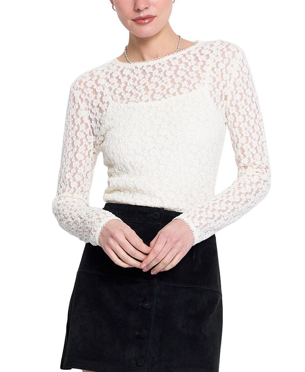 Central Park West Women's Floral-Lace Long-Sleeve Crewneck Sweater