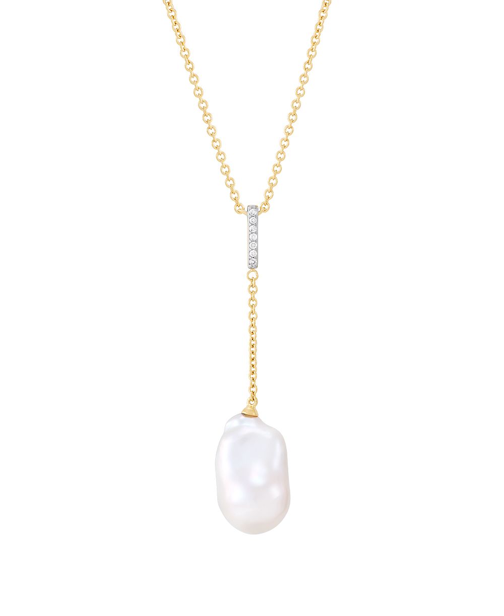 Macy's Cultured Freshwater Pearl and Diamond Cable Chain Necklace (Under 1/4 ct. t.w.) in 14k Yellow Gold-Plated Sterling Silver