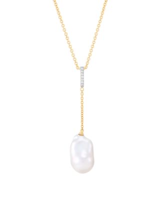 Macy's Cultured Freshwater Pearl and Diamond Cable Chain Necklace (Under 1/4 ct. t.w.) in 14k Yellow Gold-Plated Sterling Silver