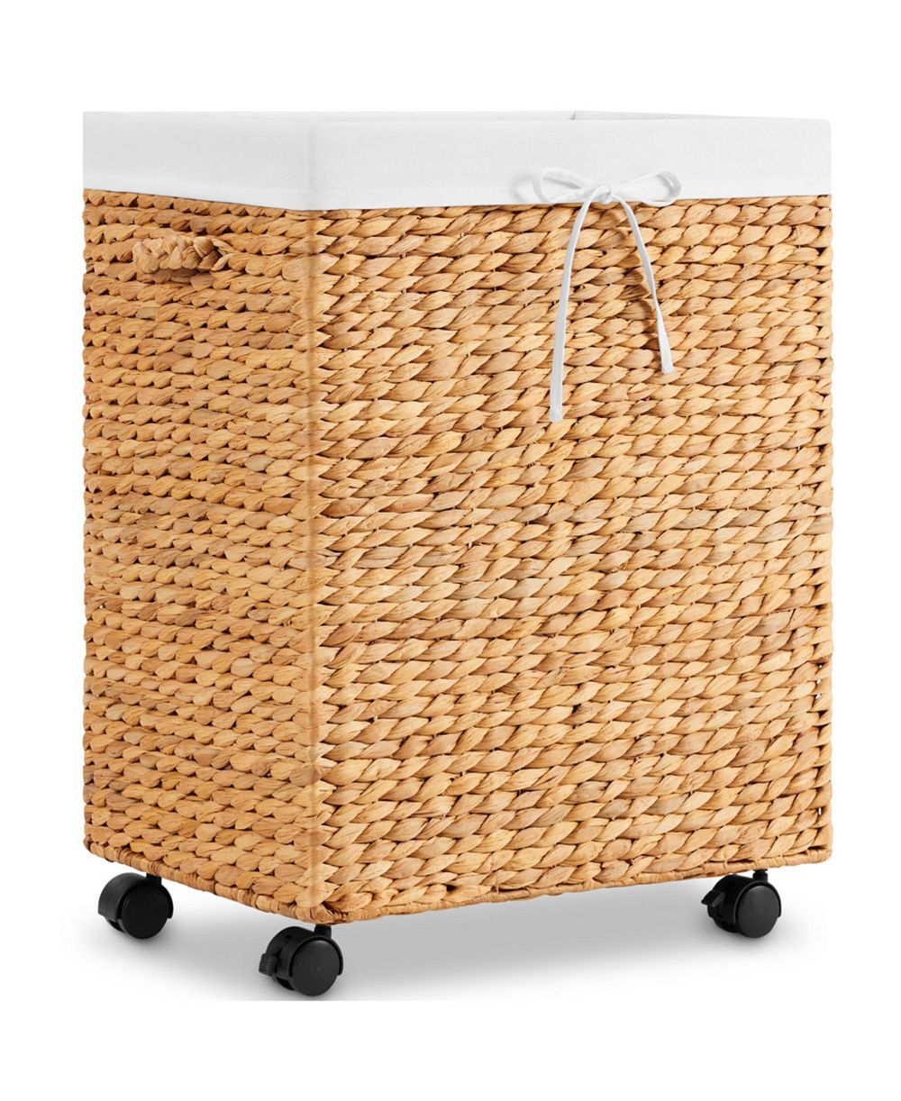 Best Choice Products Medium Laundry Hamper  Rolling Wheels, Woven Hyacinth Laundry Basket  Liner, 24 Gal