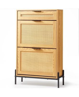 Slickblue Shoe Storage Cabinet with Rattan Finish, Flip-Top Drawer and Metal Legs