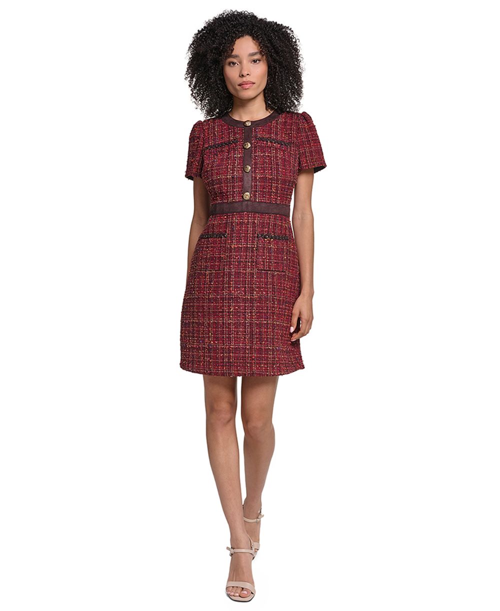 KARL LAGERFELD PARIS Women's Short-Sleeve Tweed Crewneck Sheath Dress