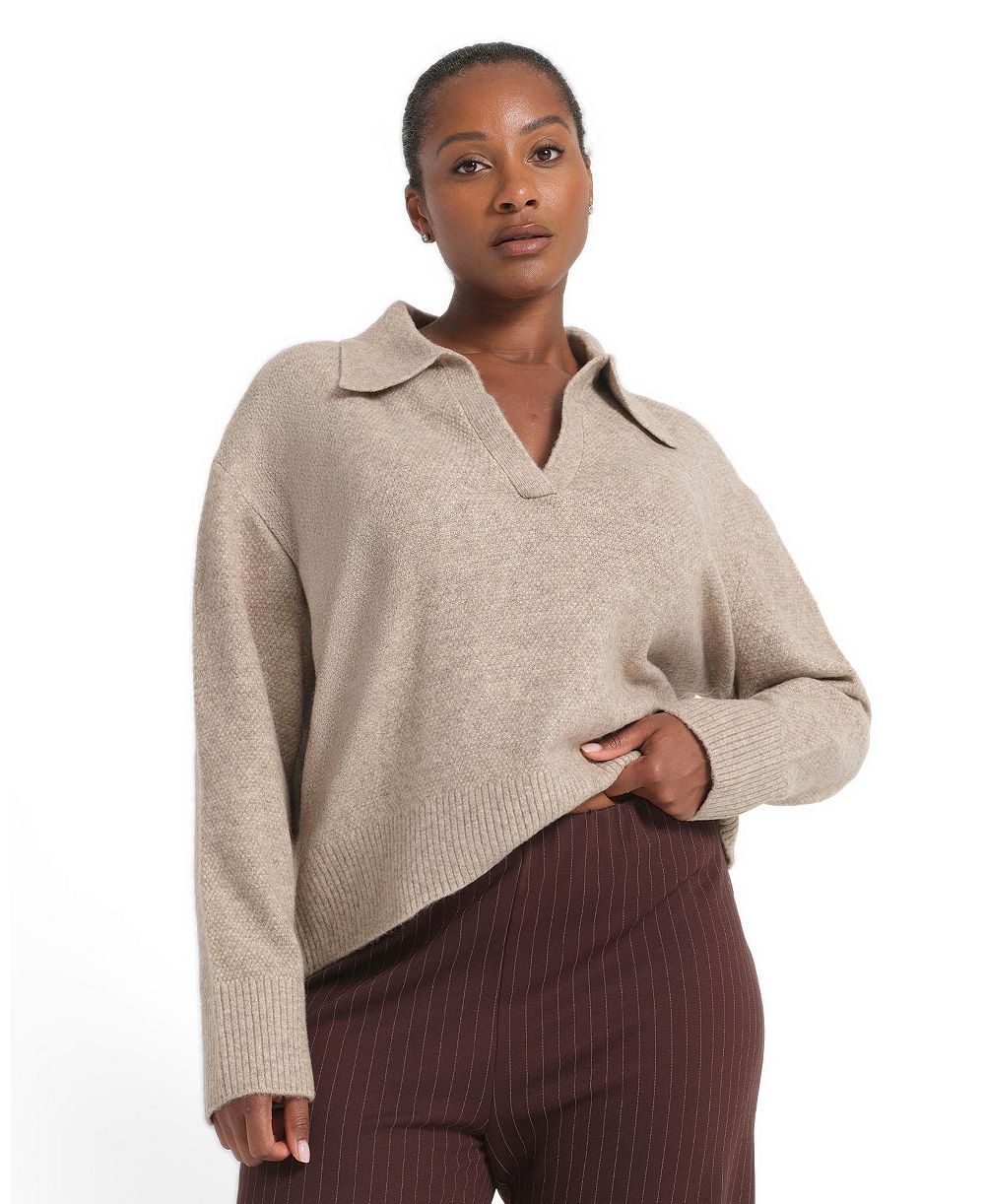 ESTELLE Plus Size Nellie Relaxed-Fit Collared V-Neck Acrylic/Wool-Blend Sweater
