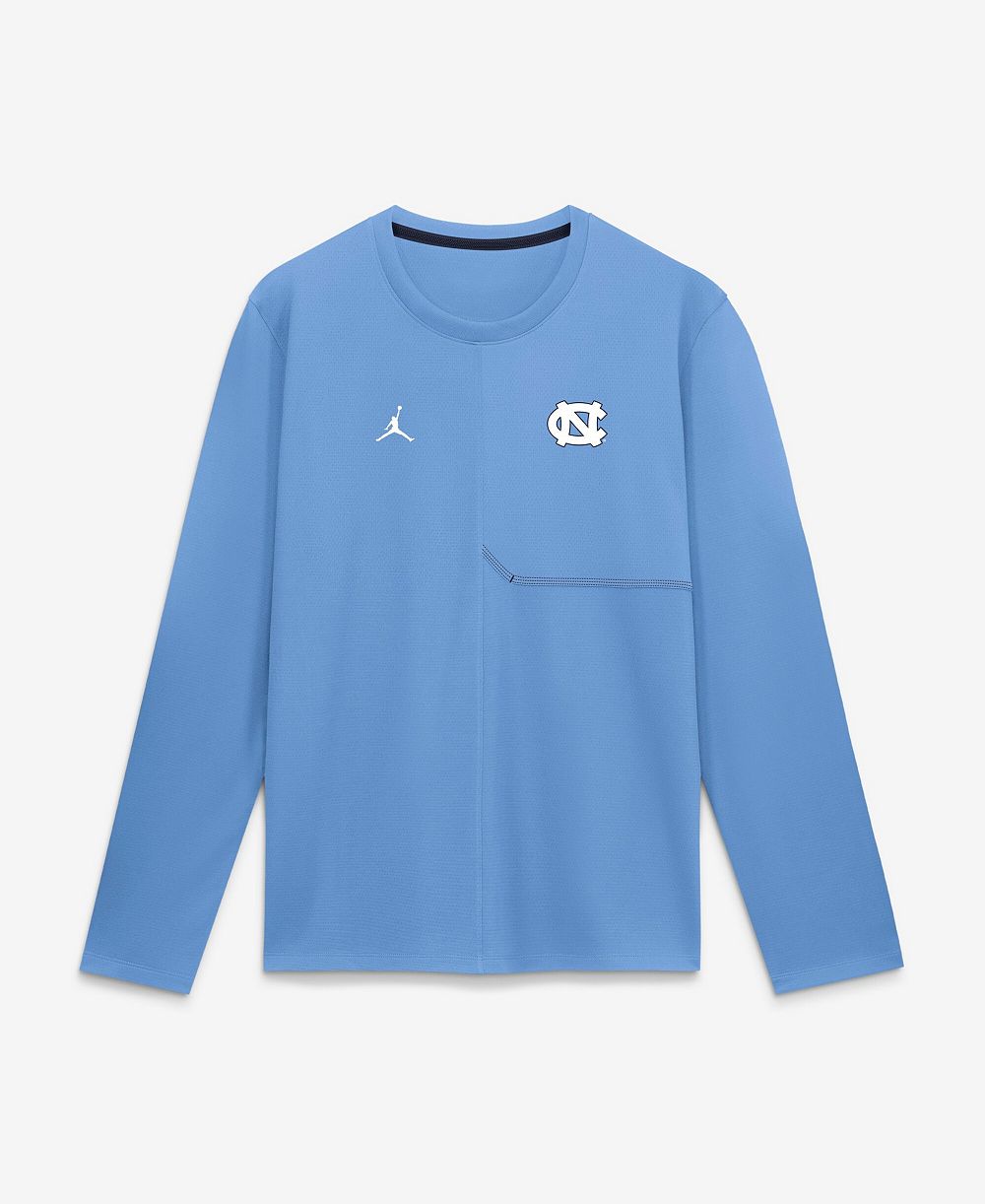 Мужская футболка Jordan Carolina Blue North Carolina Tar Heels 2026 Sideline Coaches с длинным рукавом UV Dri-FIT