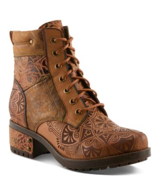 L'Artiste Women's Lace-up Boots with Embossed Leather and Comfortable Heel