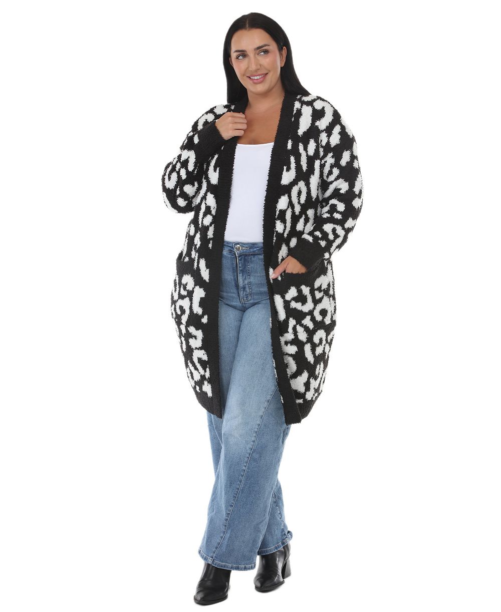 White Mark Plus Size Leopard-Print Sherpa Open-Front Cardigan Sweater